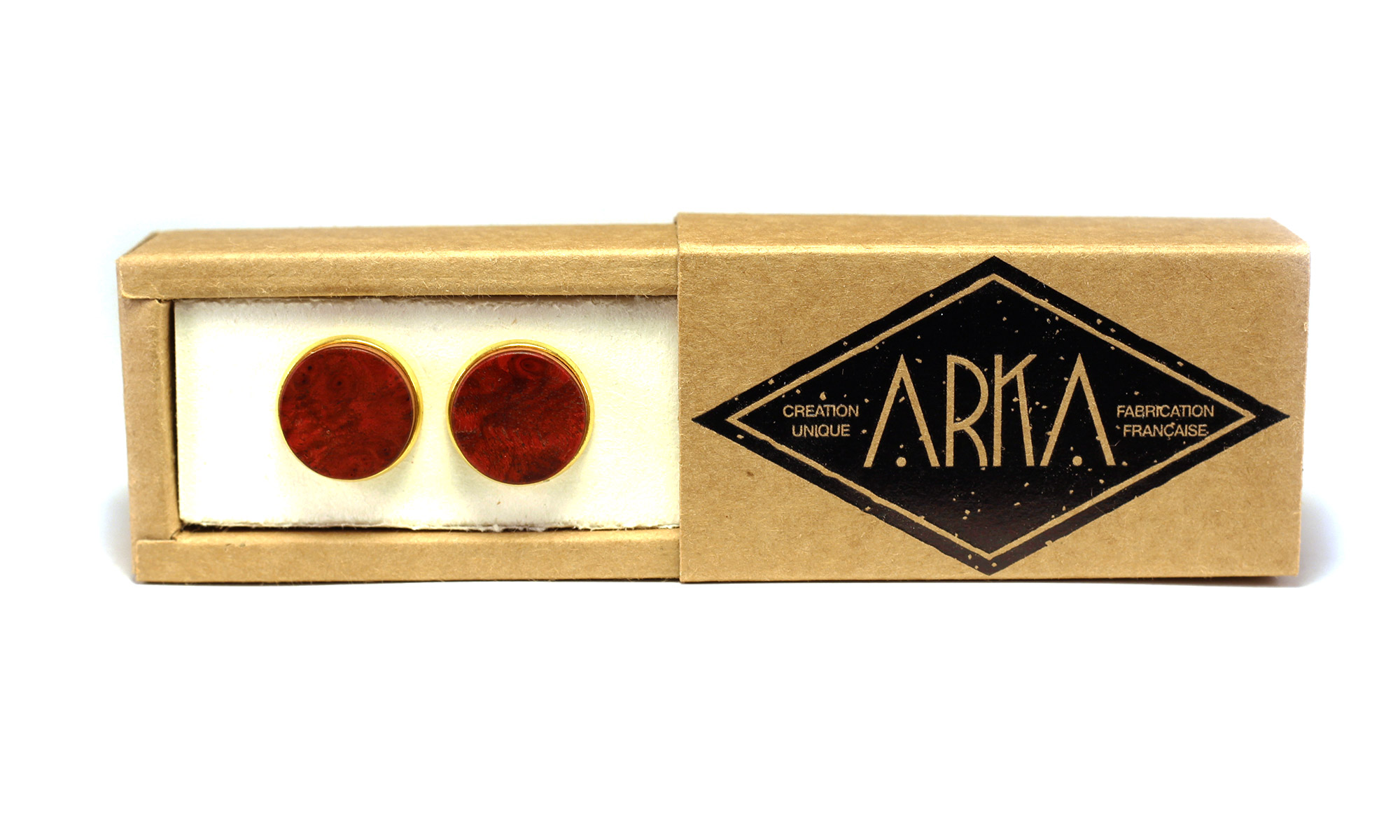 arka_creations_boutons_de_manchette_en_bois_boite_or_loupedenoyerrouge Boutons de Manchette Rouge